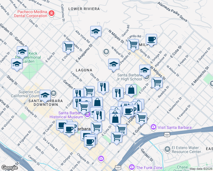 map of restaurants, bars, coffee shops, grocery stores, and more near 822 Olive Street in Santa Barbara