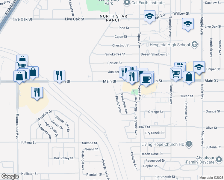 map of restaurants, bars, coffee shops, grocery stores, and more near 9616 Peridot Avenue in Hesperia