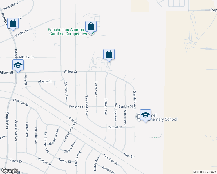 map of restaurants, bars, coffee shops, grocery stores, and more near 9593 Delmar Avenue in Hesperia