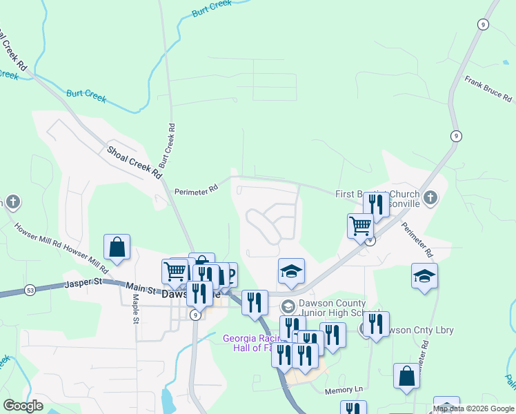 map of restaurants, bars, coffee shops, grocery stores, and more near 235 Orange Circle in Dawsonville