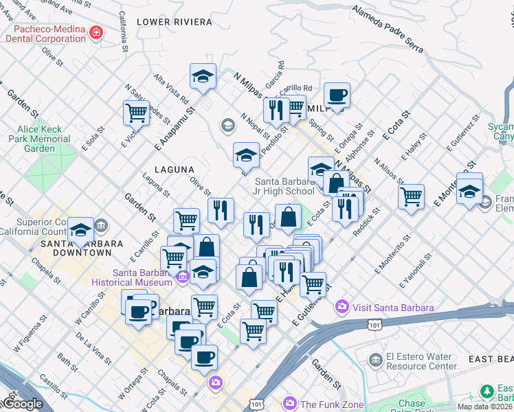 map of restaurants, bars, coffee shops, grocery stores, and more near 550 East De La Guerra Street in Santa Barbara