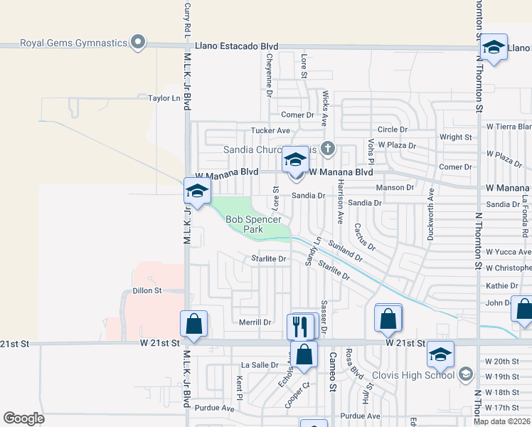 map of restaurants, bars, coffee shops, grocery stores, and more near Sandia Drive in Clovis