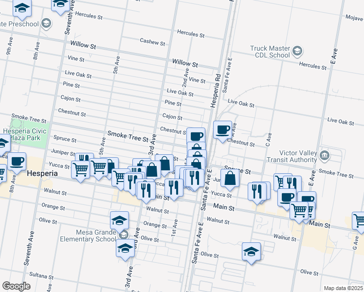 map of restaurants, bars, coffee shops, grocery stores, and more near 9550 1st Avenue in Hesperia