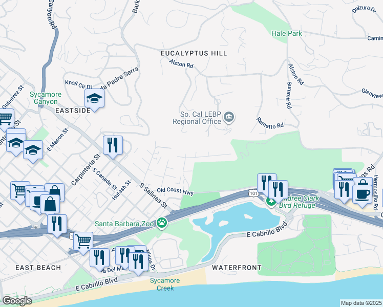 map of restaurants, bars, coffee shops, grocery stores, and more near 482 Scenic Drive in Santa Barbara