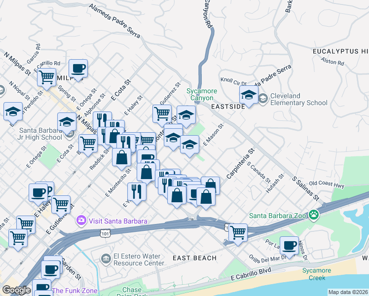 map of restaurants, bars, coffee shops, grocery stores, and more near 34 Wilson Avenue in Santa Barbara
