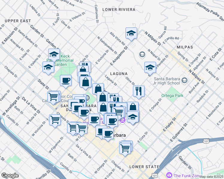 map of restaurants, bars, coffee shops, grocery stores, and more near 305 East Carrillo Street in Santa Barbara