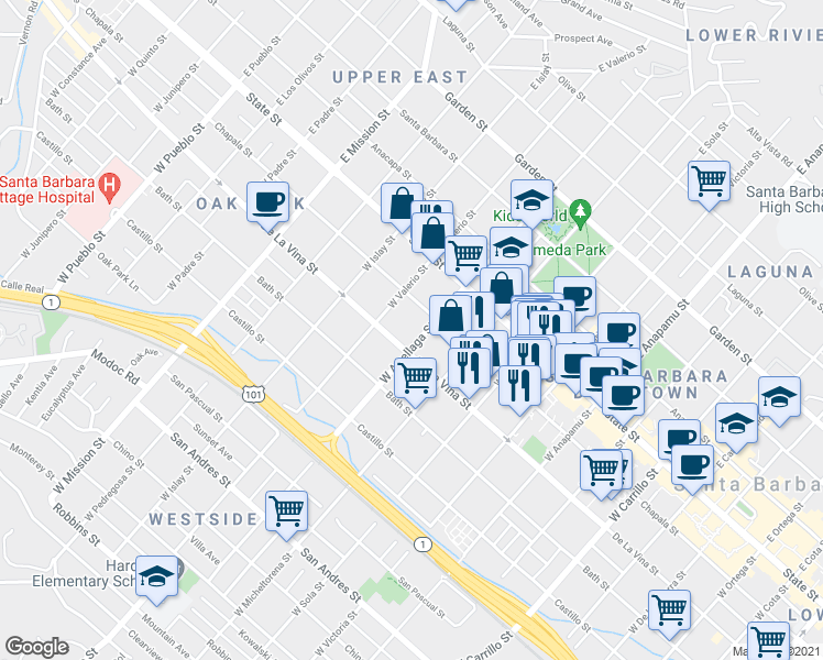 map of restaurants, bars, coffee shops, grocery stores, and more near 206 West Arrellaga Street in Santa Barbara