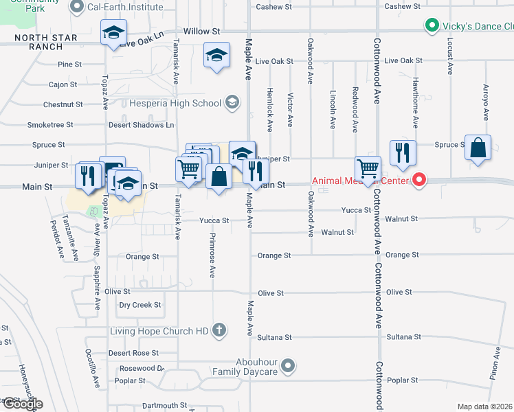 map of restaurants, bars, coffee shops, grocery stores, and more near 14520 Yucca Street in Hesperia