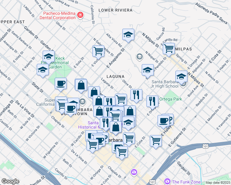 map of restaurants, bars, coffee shops, grocery stores, and more near 924 Laguna Street in Santa Barbara