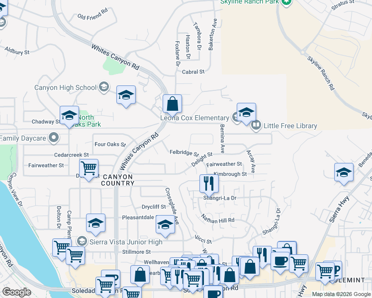 map of restaurants, bars, coffee shops, grocery stores, and more near 18905 Felbridge Street in Santa Clarita