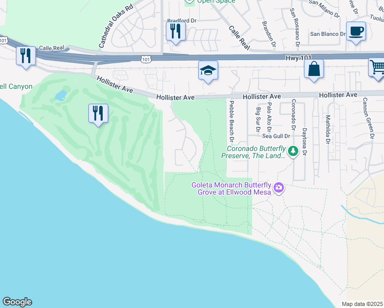 map of restaurants, bars, coffee shops, grocery stores, and more near 7717 Kestrel Lane in Goleta