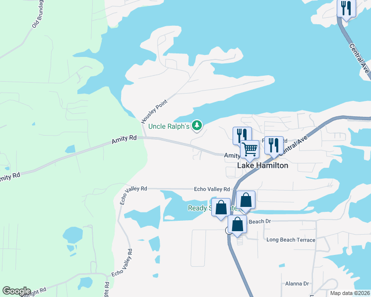 map of restaurants, bars, coffee shops, grocery stores, and more near 329 Amity Road in Lake Hamilton