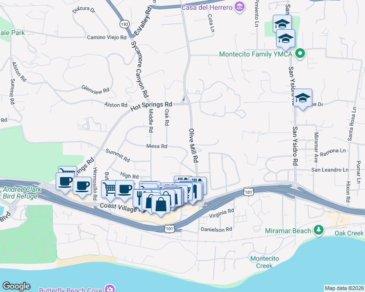 map of restaurants, bars, coffee shops, grocery stores, and more near 1278 Mesa Road in Montecito
