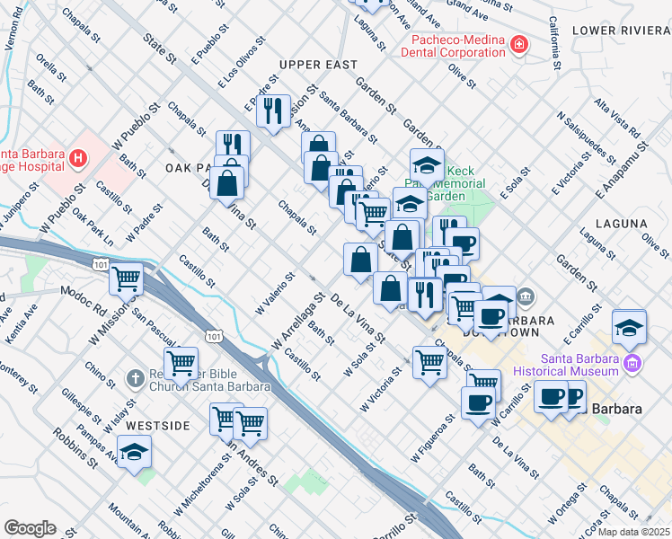 map of restaurants, bars, coffee shops, grocery stores, and more near 110 West Arrellaga Street in Santa Barbara