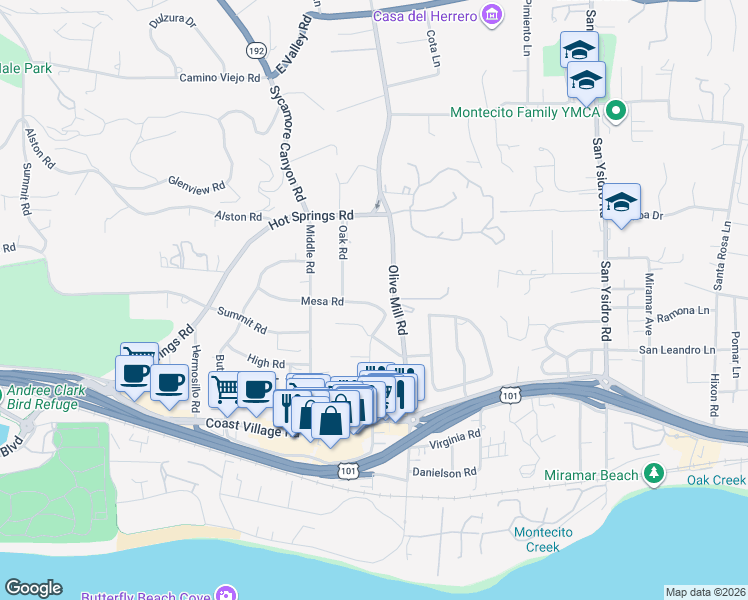 map of restaurants, bars, coffee shops, grocery stores, and more near 1278 Mesa Road in Montecito