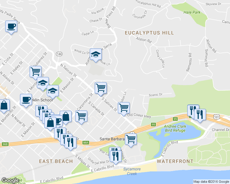 map of restaurants, bars, coffee shops, grocery stores, and more near 223 Uhlan Court in Santa Barbara