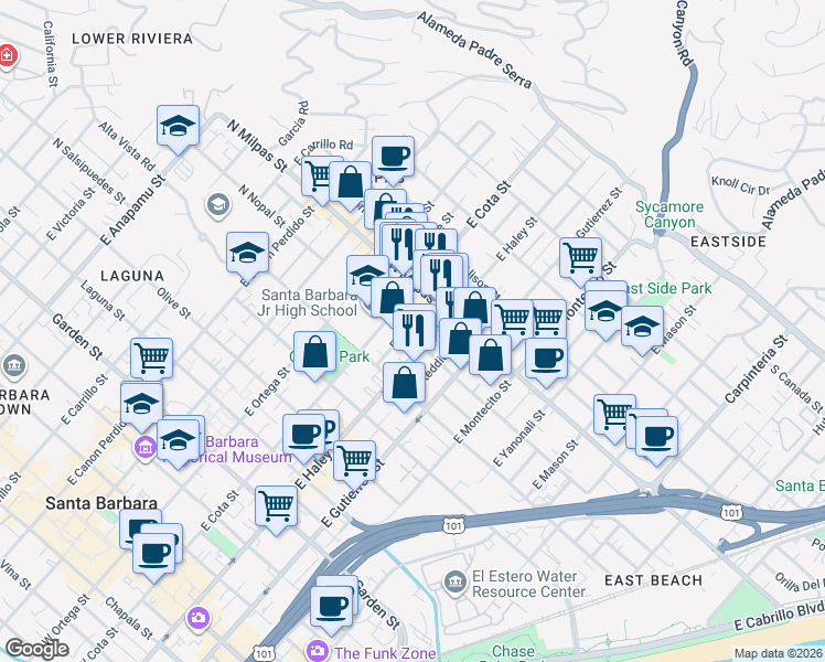 map of restaurants, bars, coffee shops, grocery stores, and more near 823 Bond Avenue in Santa Barbara
