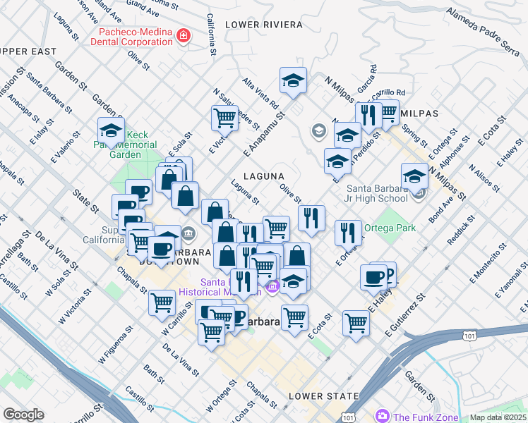 map of restaurants, bars, coffee shops, grocery stores, and more near 427 East Carrillo Street in Santa Barbara