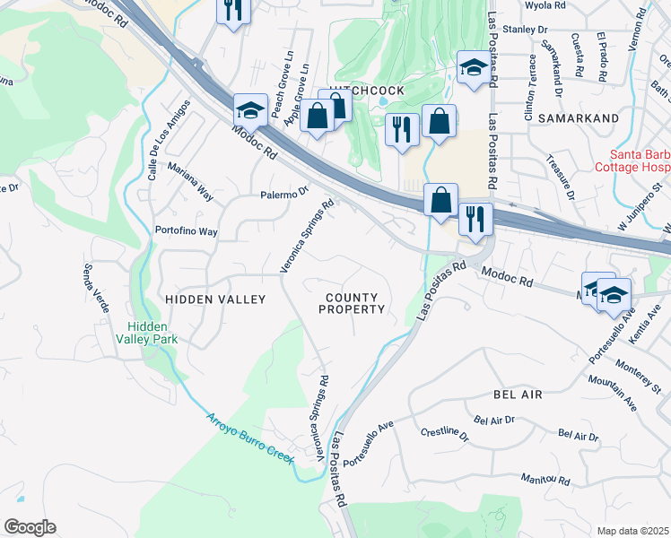 map of restaurants, bars, coffee shops, grocery stores, and more near 3630 La Entrada in Santa Barbara