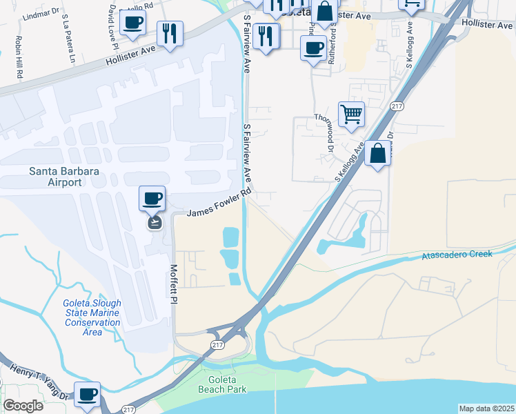 map of restaurants, bars, coffee shops, grocery stores, and more near 5995 Placencia Street in Goleta