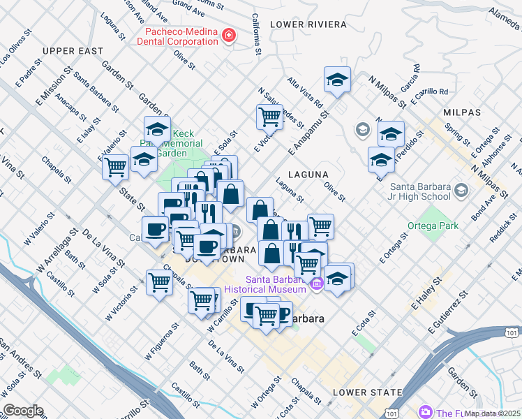 map of restaurants, bars, coffee shops, grocery stores, and more near 1115 Garden Street in Santa Barbara