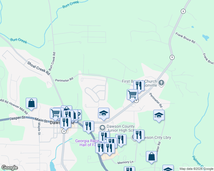 map of restaurants, bars, coffee shops, grocery stores, and more near 53 Rainhill Station Drive in Dawsonville