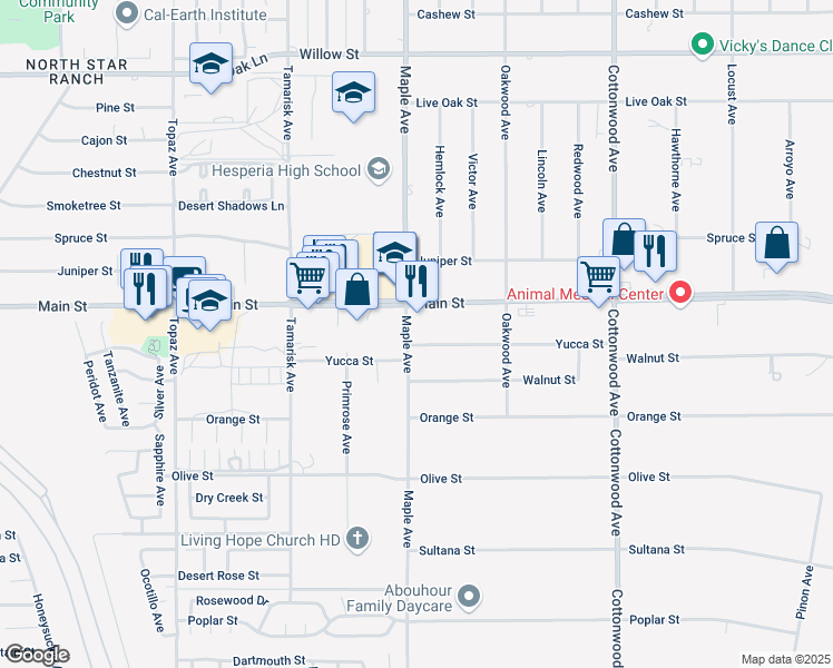map of restaurants, bars, coffee shops, grocery stores, and more near 14520 Yucca Street in Hesperia
