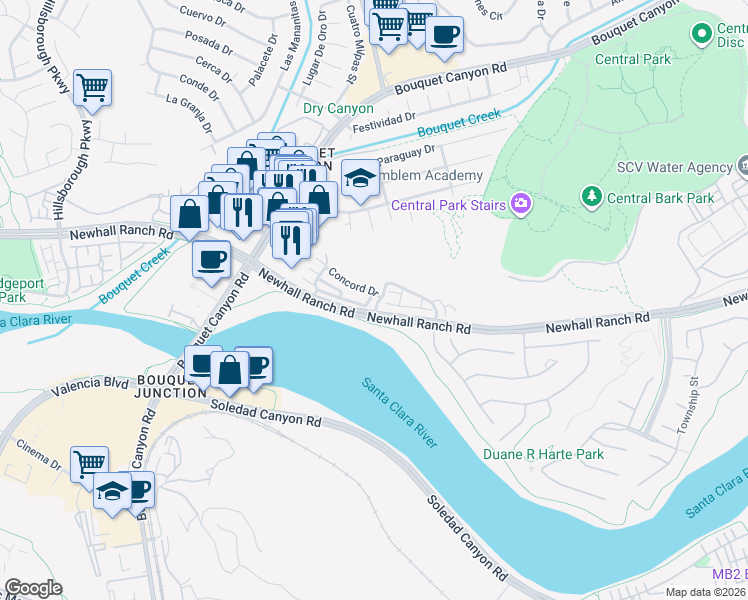 map of restaurants, bars, coffee shops, grocery stores, and more near 22812 Harvest Mill Circle in Santa Clarita