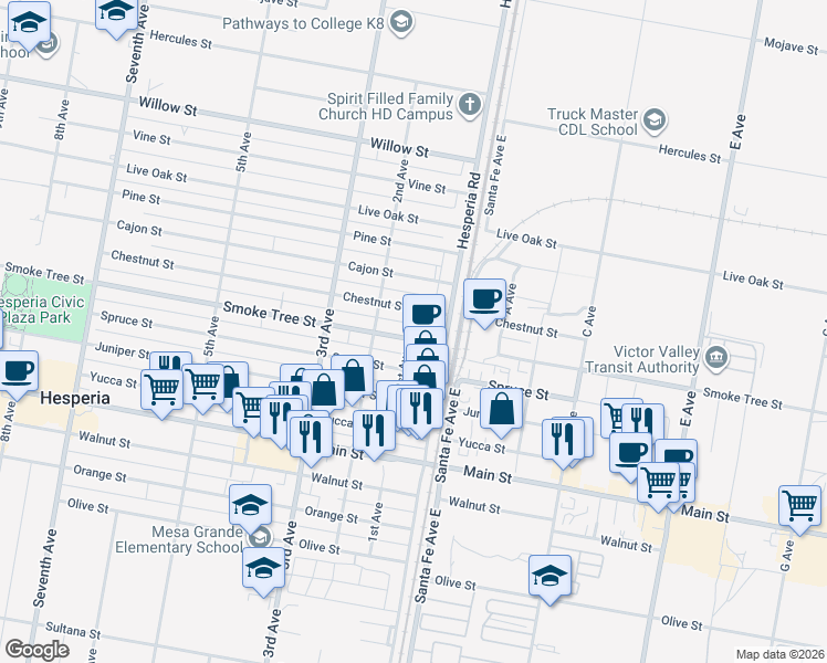 map of restaurants, bars, coffee shops, grocery stores, and more near 16522 Smoke Tree Street in Hesperia