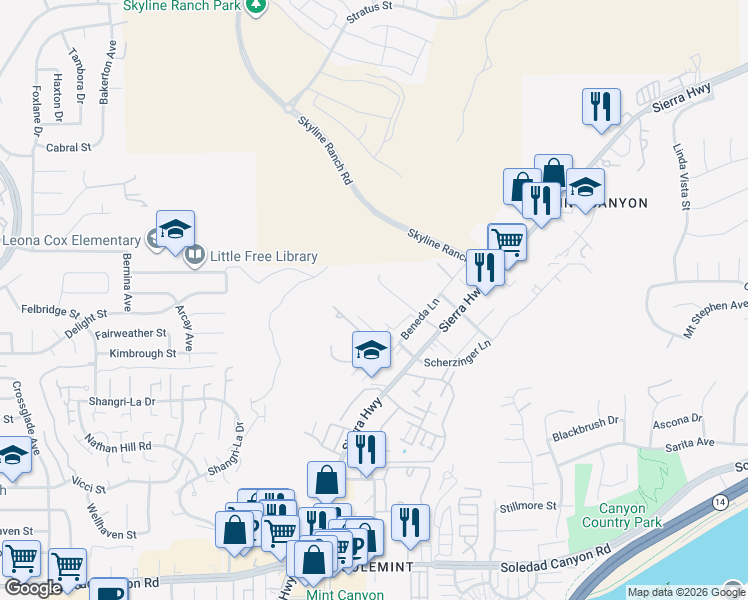 map of restaurants, bars, coffee shops, grocery stores, and more near 28040 Catherine Drive in Santa Clarita