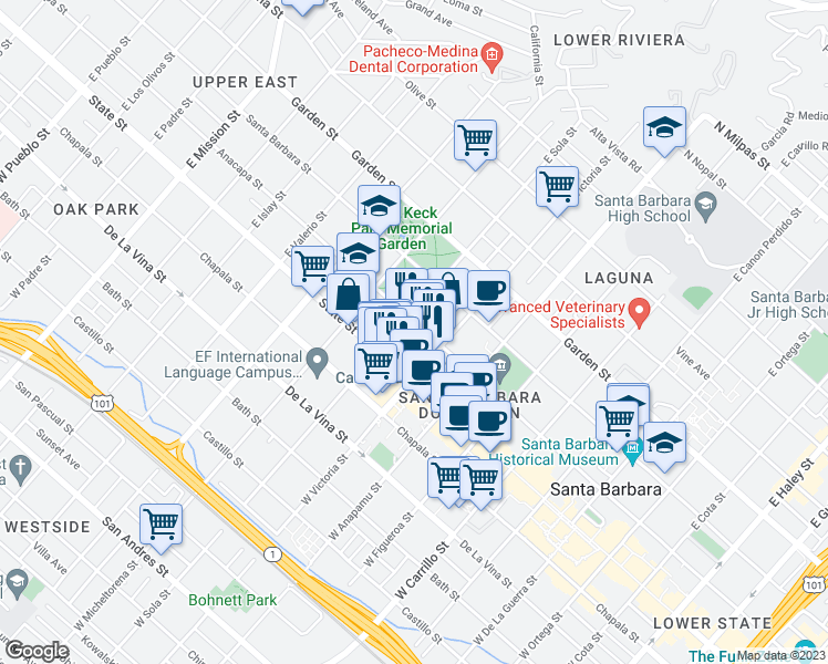 map of restaurants, bars, coffee shops, grocery stores, and more near 1327 Anacapa Street in Santa Barbara
