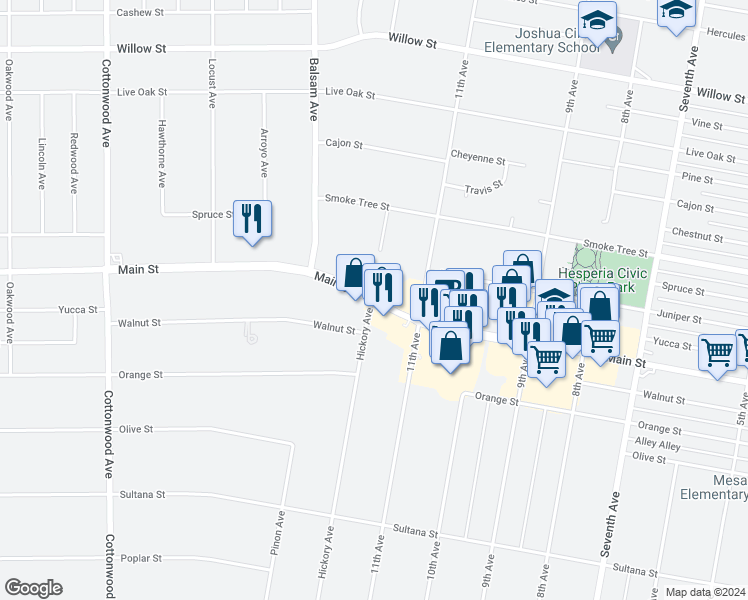 map of restaurants, bars, coffee shops, grocery stores, and more near 9699 Hickory Avenue in Hesperia