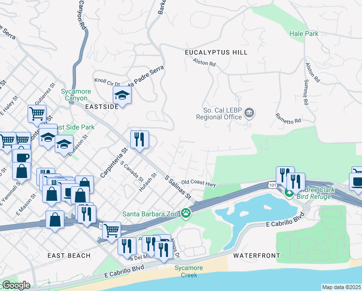 map of restaurants, bars, coffee shops, grocery stores, and more near 1472 Lou Dillon Lane in Santa Barbara