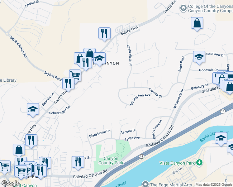 map of restaurants, bars, coffee shops, grocery stores, and more near 17366 Sierra Highway in Santa Clarita