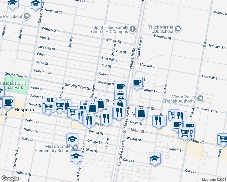 map of restaurants, bars, coffee shops, grocery stores, and more near 16503 Chestnut Street in Hesperia