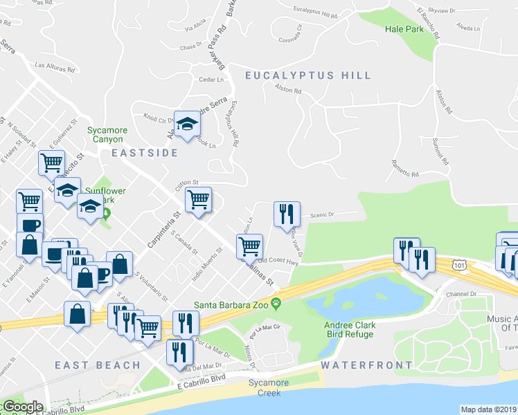 map of restaurants, bars, coffee shops, grocery stores, and more near 1476 Lou Dillon Lane in Santa Barbara