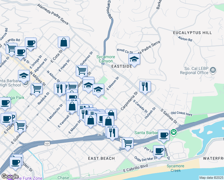 map of restaurants, bars, coffee shops, grocery stores, and more near 1226 East Mason Street in Santa Barbara