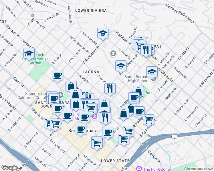 map of restaurants, bars, coffee shops, grocery stores, and more near 924 Olive Street in Santa Barbara