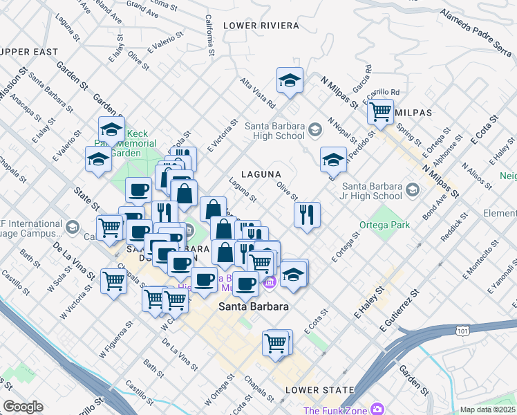 map of restaurants, bars, coffee shops, grocery stores, and more near 1033 Laguna Street in Santa Barbara