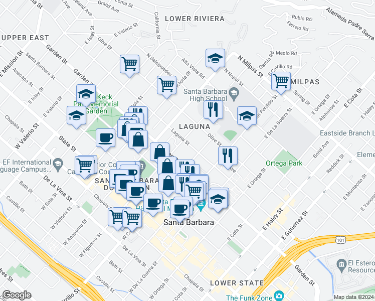 map of restaurants, bars, coffee shops, grocery stores, and more near 1033 Laguna Street in Santa Barbara