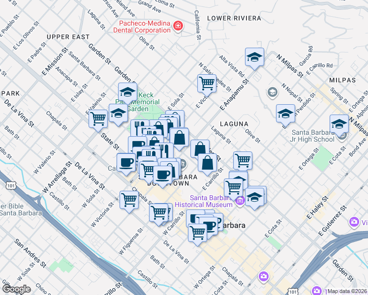 map of restaurants, bars, coffee shops, grocery stores, and more near 243 East Anapamu Street in Santa Barbara