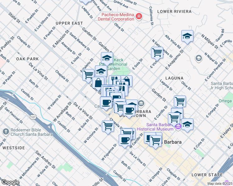 map of restaurants, bars, coffee shops, grocery stores, and more near 21 East Sola Street in Santa Barbara