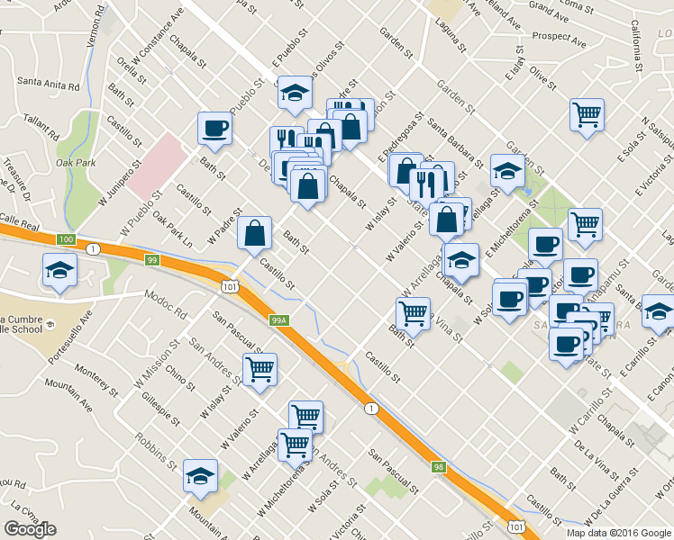 map of restaurants, bars, coffee shops, grocery stores, and more near 218 West Islay Street in Santa Barbara