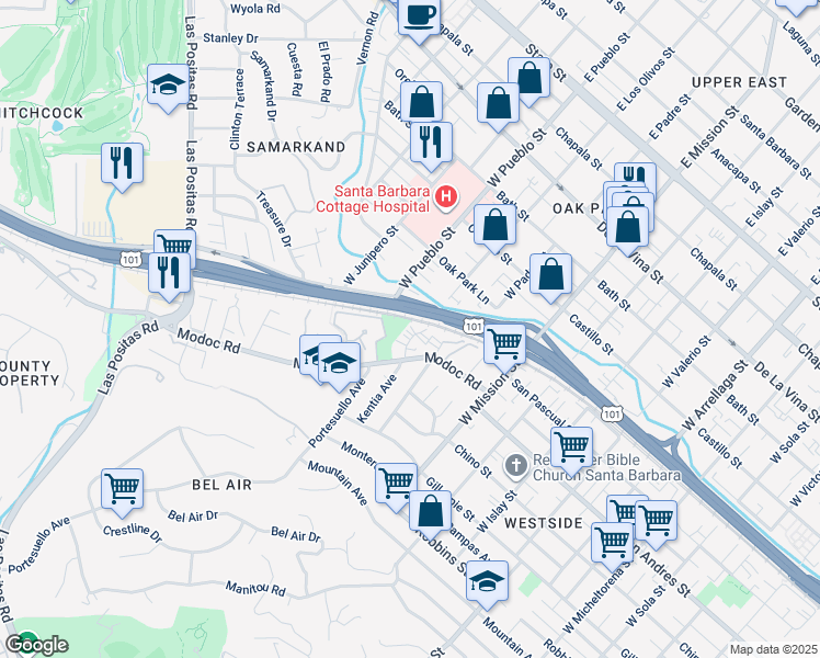 map of restaurants, bars, coffee shops, grocery stores, and more near in Santa Barbara
