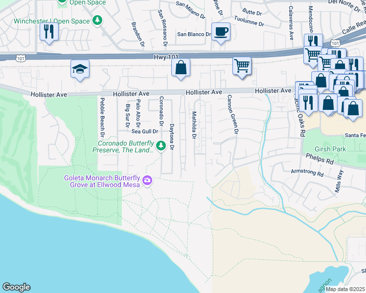 map of restaurants, bars, coffee shops, grocery stores, and more near 7465 Hollister Avenue in Goleta