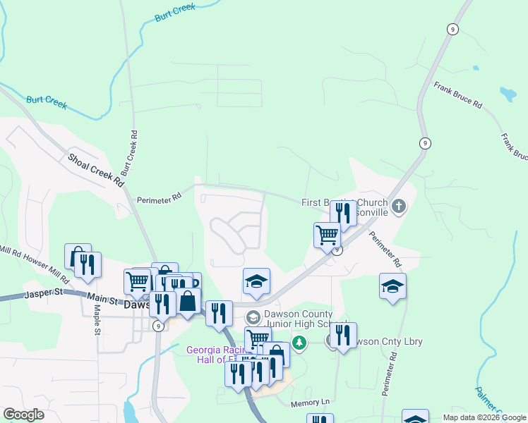 map of restaurants, bars, coffee shops, grocery stores, and more near 53 Rainhill Station Drive in Dawsonville