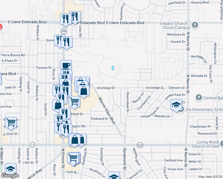 map of restaurants, bars, coffee shops, grocery stores, and more near 1316 Arcineiga Drive in Clovis