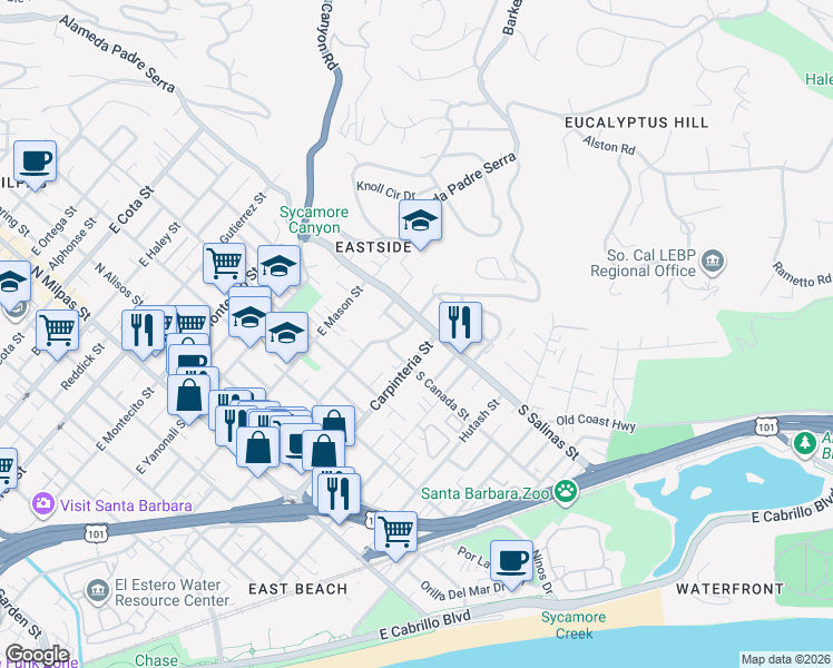 map of restaurants, bars, coffee shops, grocery stores, and more near 30 South Salinas Street in Santa Barbara