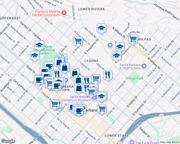 map of restaurants, bars, coffee shops, grocery stores, and more near 1033 Laguna Street in Santa Barbara