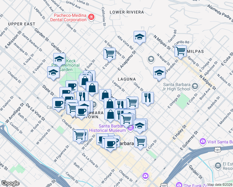 map of restaurants, bars, coffee shops, grocery stores, and more near 314 East Figueroa Street in Santa Barbara